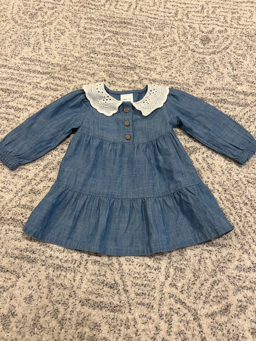 Little Co. Girl's Blue Chambray Dress with White Eyelet Collar